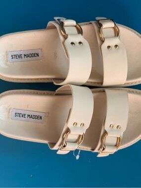 Steve Madden Cream Double-Strap Slide Sandals with Gold Rings
